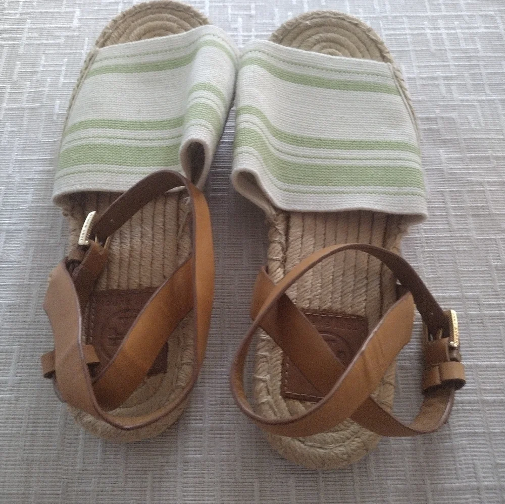Tory Burch Logo Espadrille Sandals Shoes Womens Sz 8.5 Brown Green Beige Strappy